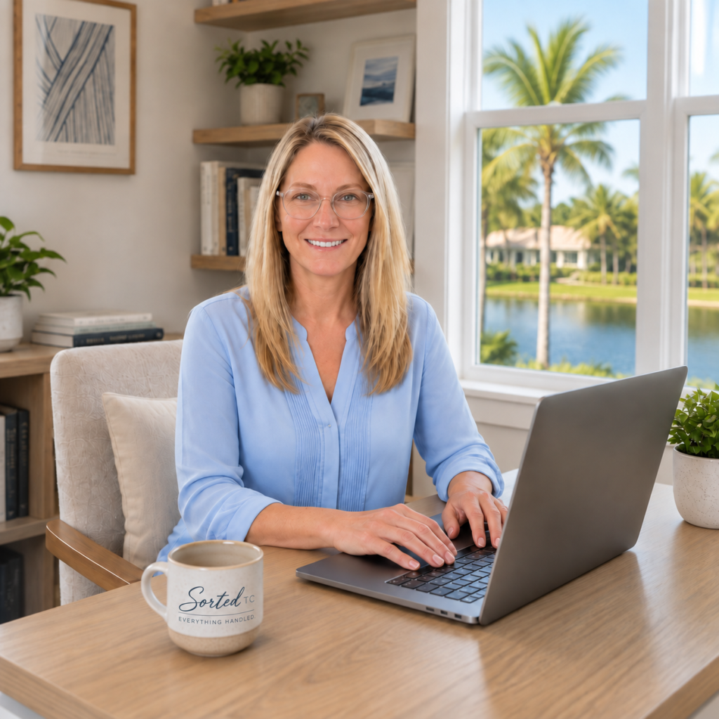 About Trena Cook, founder of Sorted TC, at her desk with a laptop and Sorted TC mug